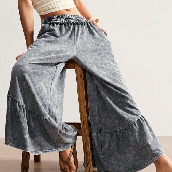 Dark Grey Casual Women's Elastic Waist Ruffle Hem Wide Leg Pants - Picture 1 of 7